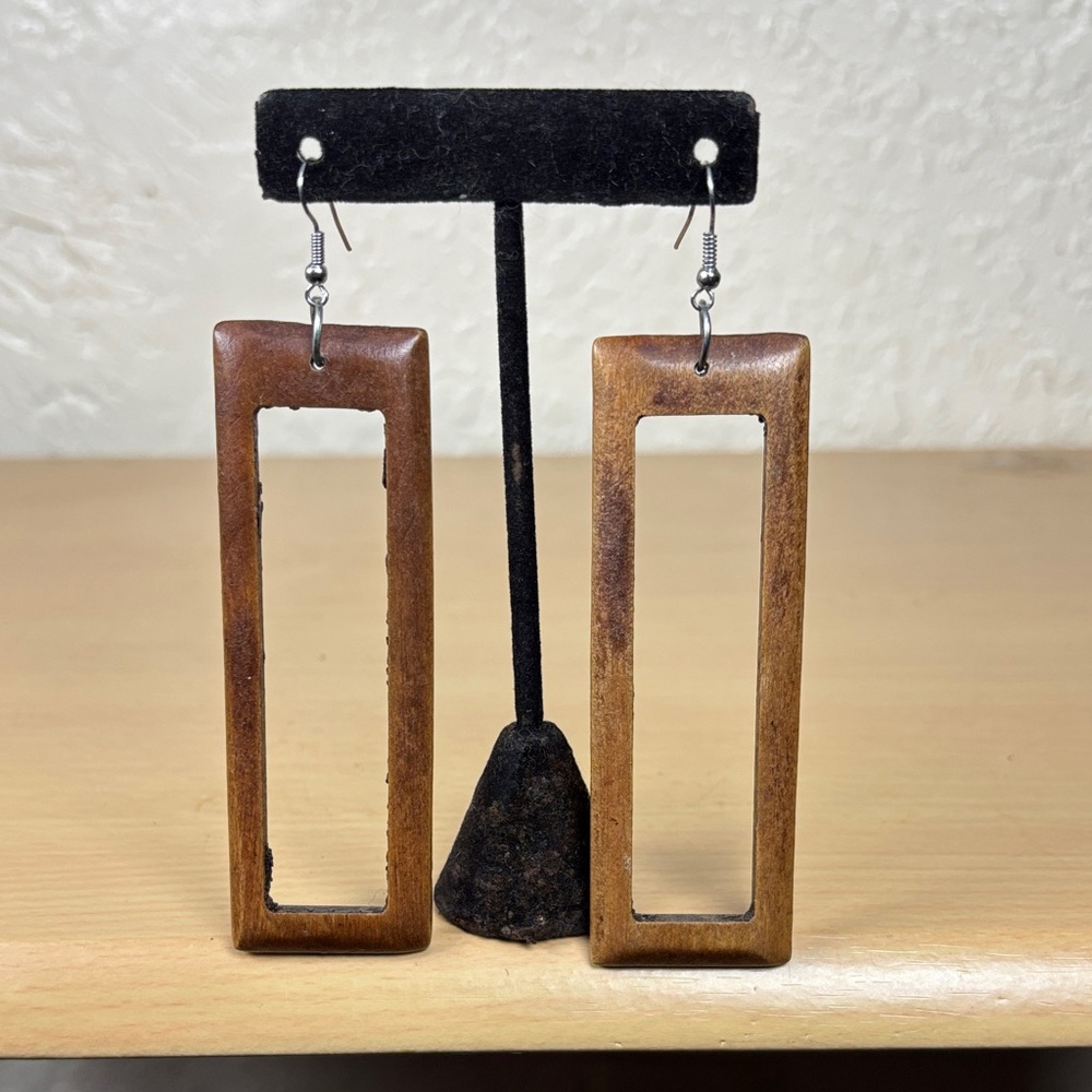 Rectangular Wooden Cutout Dangle Earrings - Brown
